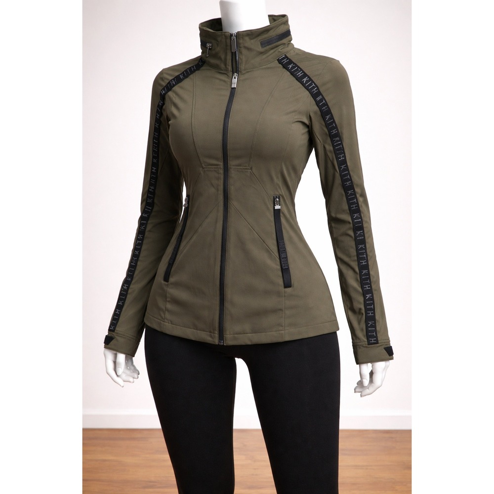KITH Women Olive Green Logo Tape Track Jacket Funnel Neck Softshell Size XS/S